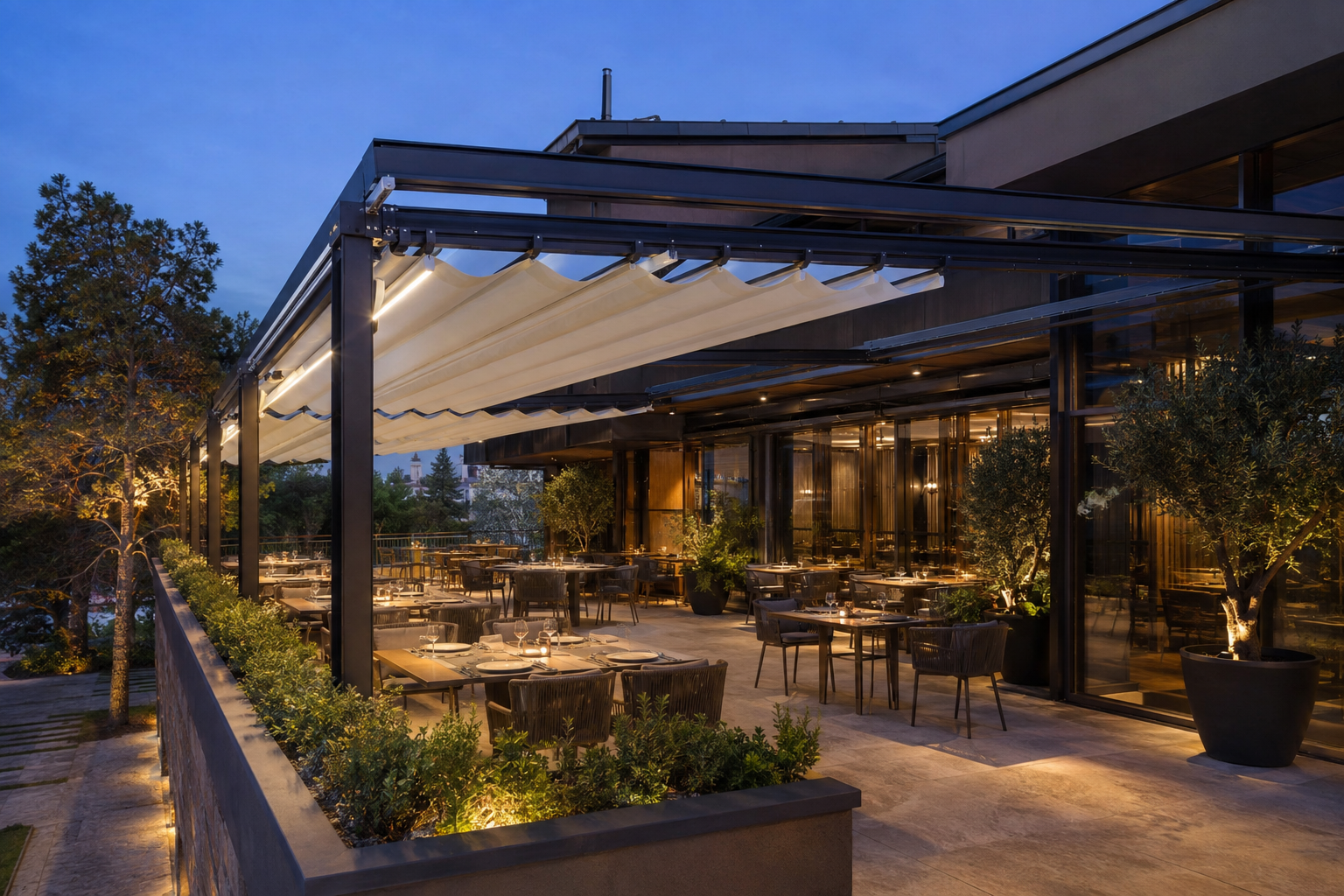 Motorlu pergola tente kapalı görünüm